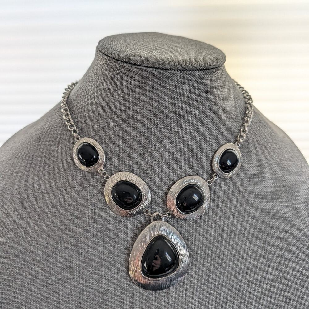 Western Southwestern Silver Tone Faux Onyx Cabochon Y Drop Collar Necklace